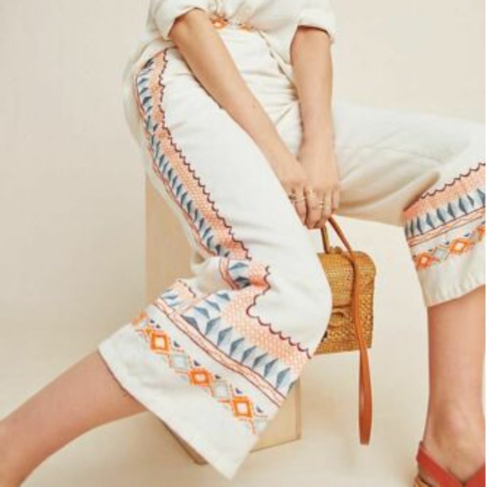 Anthropologie Islander Embroidered Cropped Pants